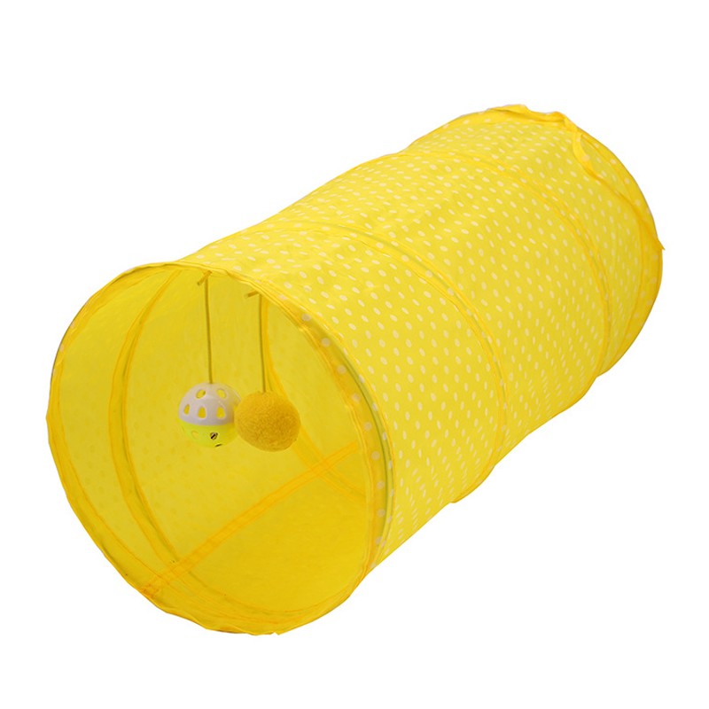 Yellow polka dot cat tunnel with a hanging ball inside