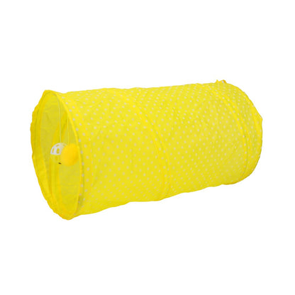 Yellow foldable cat play tunnel, side view