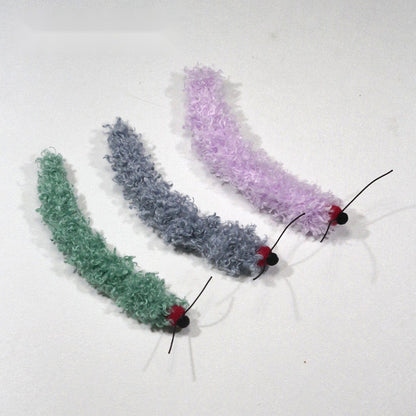 Three plush caterpillar cat toys in green, gray and light purple