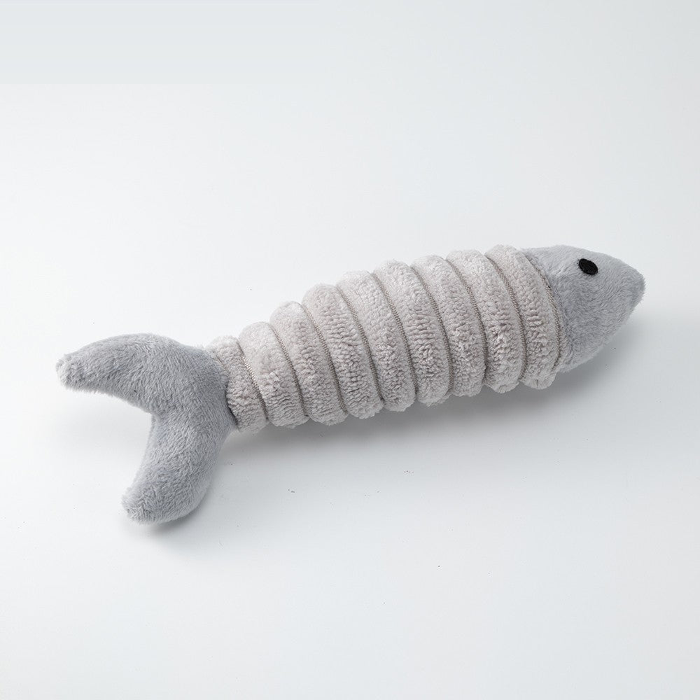 Gray plush catnip fish toy with a ribbed body