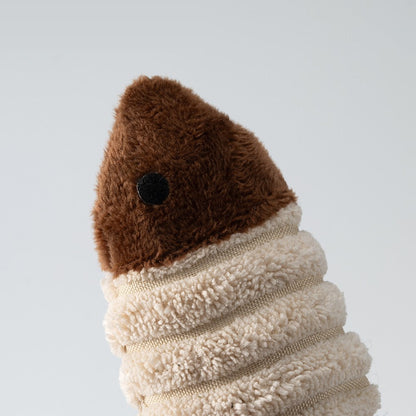Close-up of the brown head on the plush catnip fish
