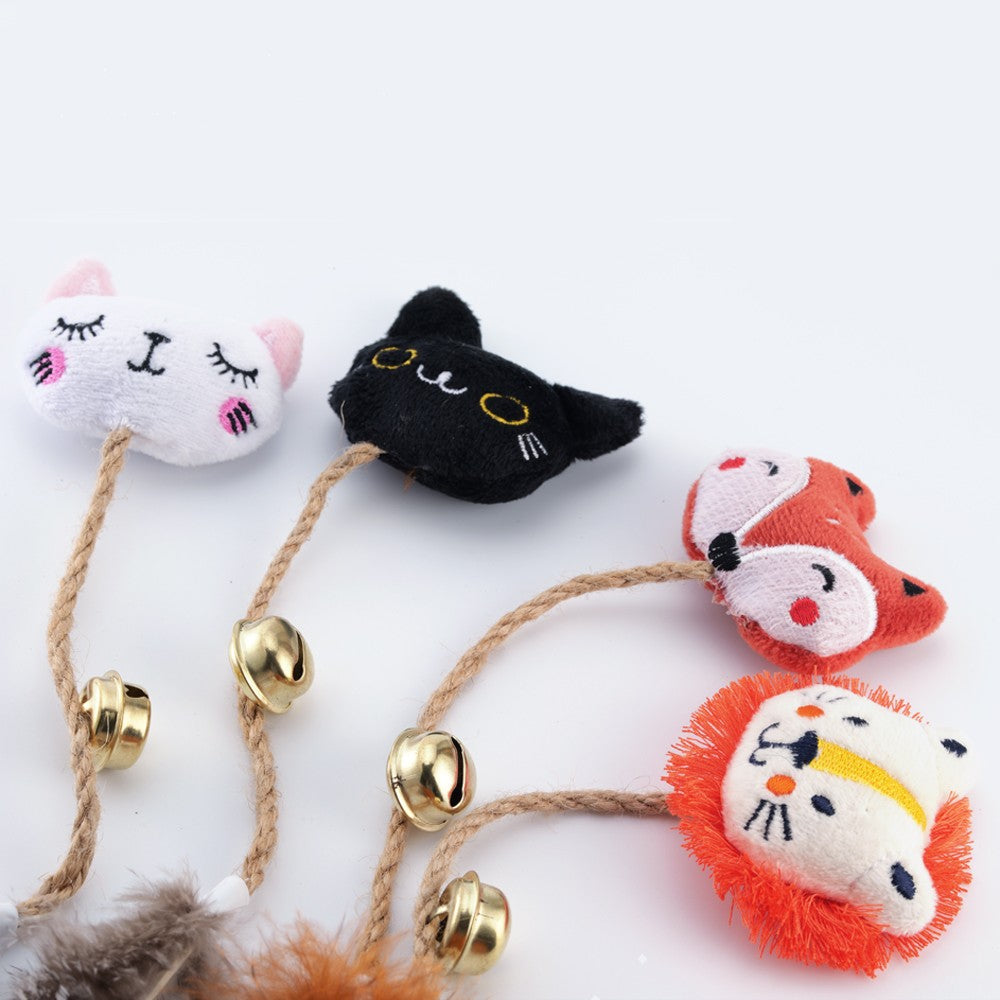 Four animal face catnip rope cat toys with bells: white cat, black cat, fox and lion