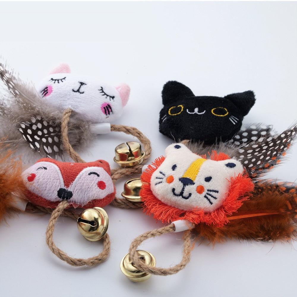Animal face catnip rope toys with feathers and bells
