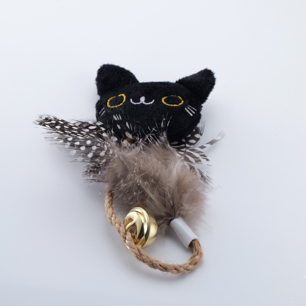 Black cat face catnip toy with gray feathers and a bell
