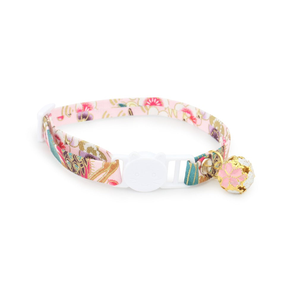 Pink cherry blossom cat collar with bell and white buckle