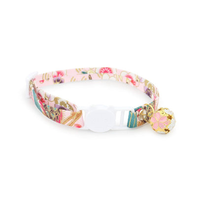 Pink cherry blossom cat collar with bell and white buckle