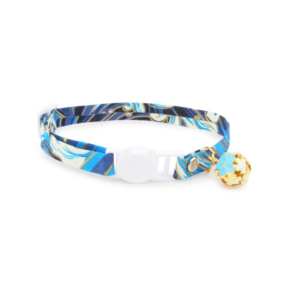 Blue wave cherry blossom cat collar with bell