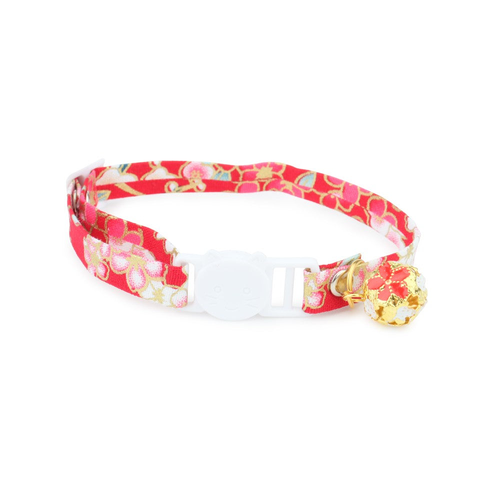 Red cherry blossom cat collar with bell