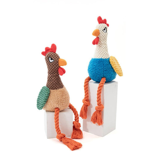 Brown and blue plush chicken dog toys with rope legs