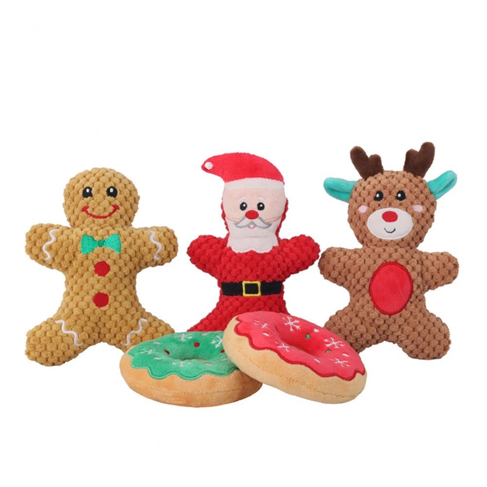 Cute dog toys in red, green, brown and tan, all five squeaky designs together