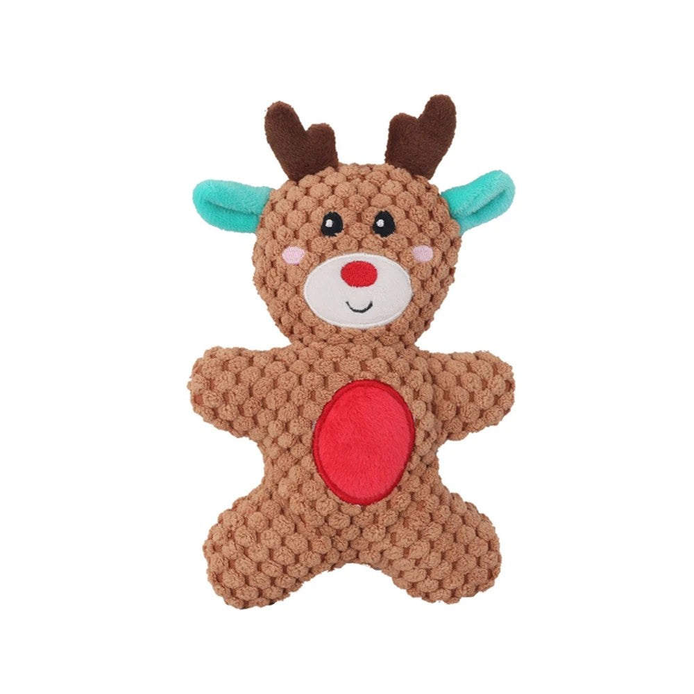 Reindeer squeaky dog toy in brown with teal ears, front view