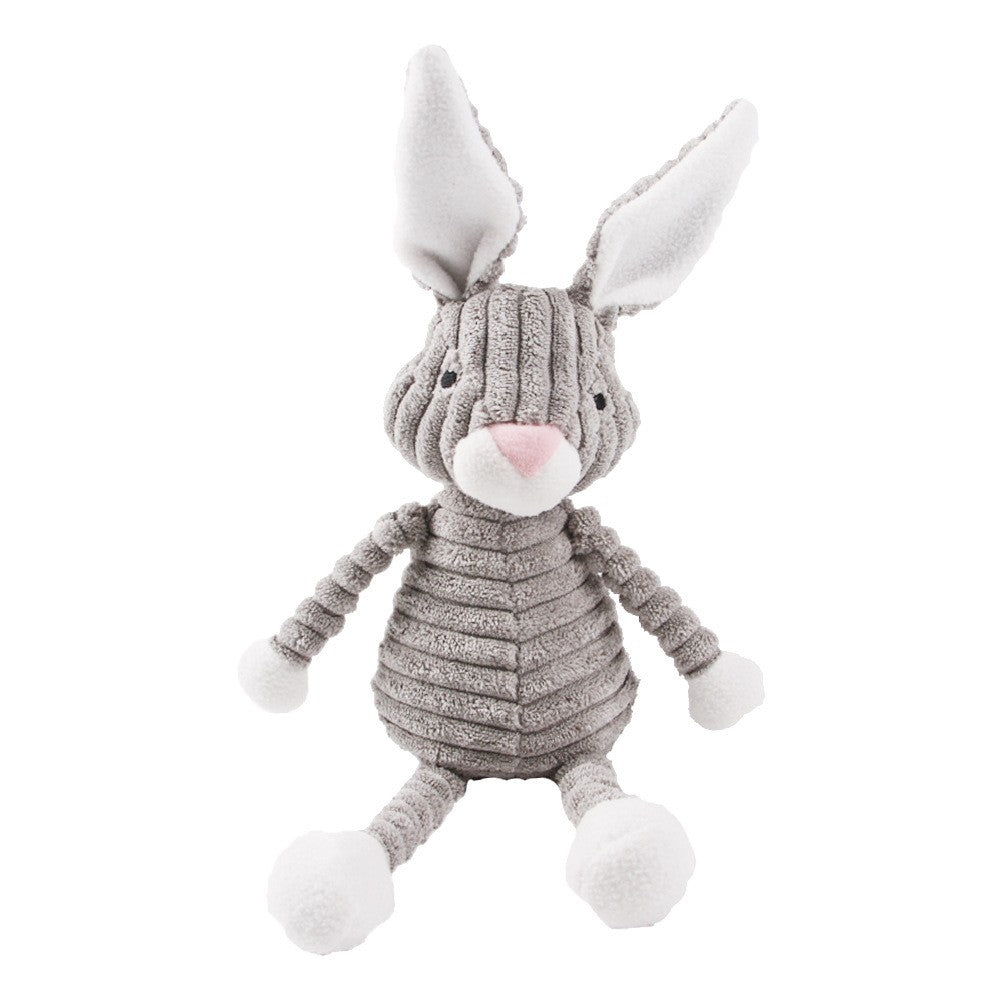 Gray corduroy rabbit dog toy with long floppy ears