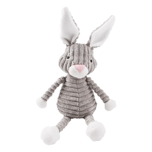 Gray corduroy rabbit dog toy with long floppy ears