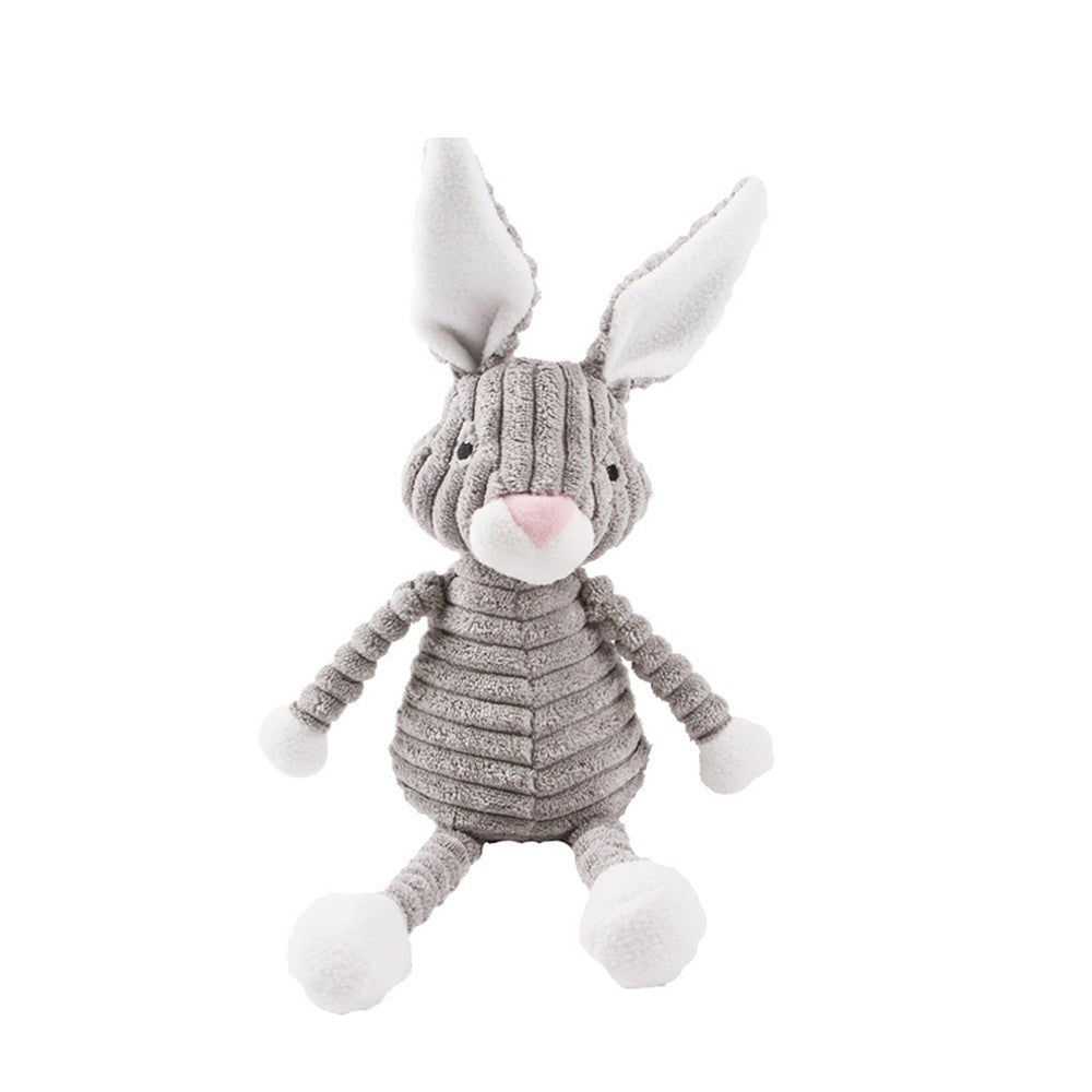 Gray plush rabbit dog toy sitting up