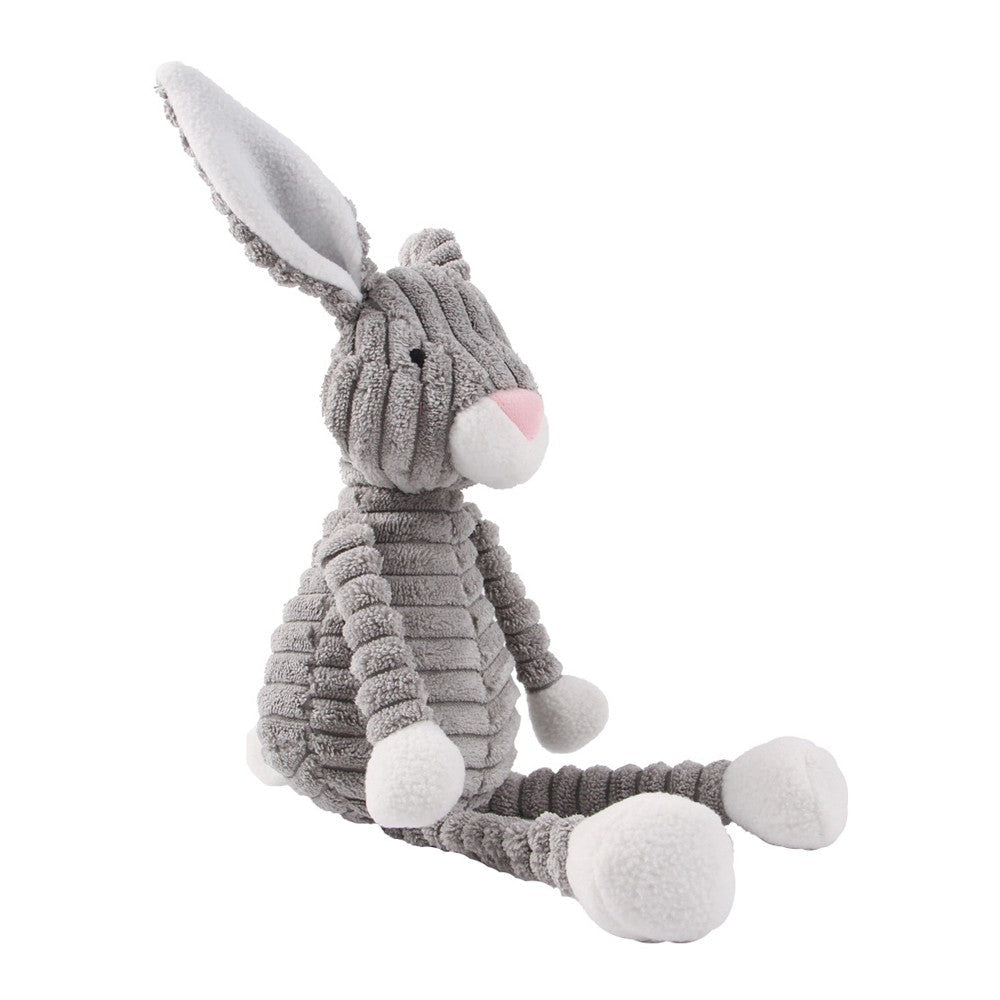 Side view of the gray rabbit dog toy with long legs