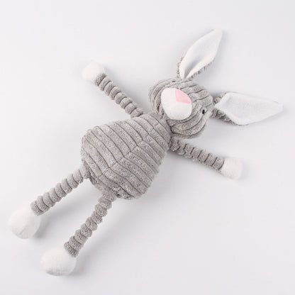 Gray rabbit dog toy lying flat with arms and legs out