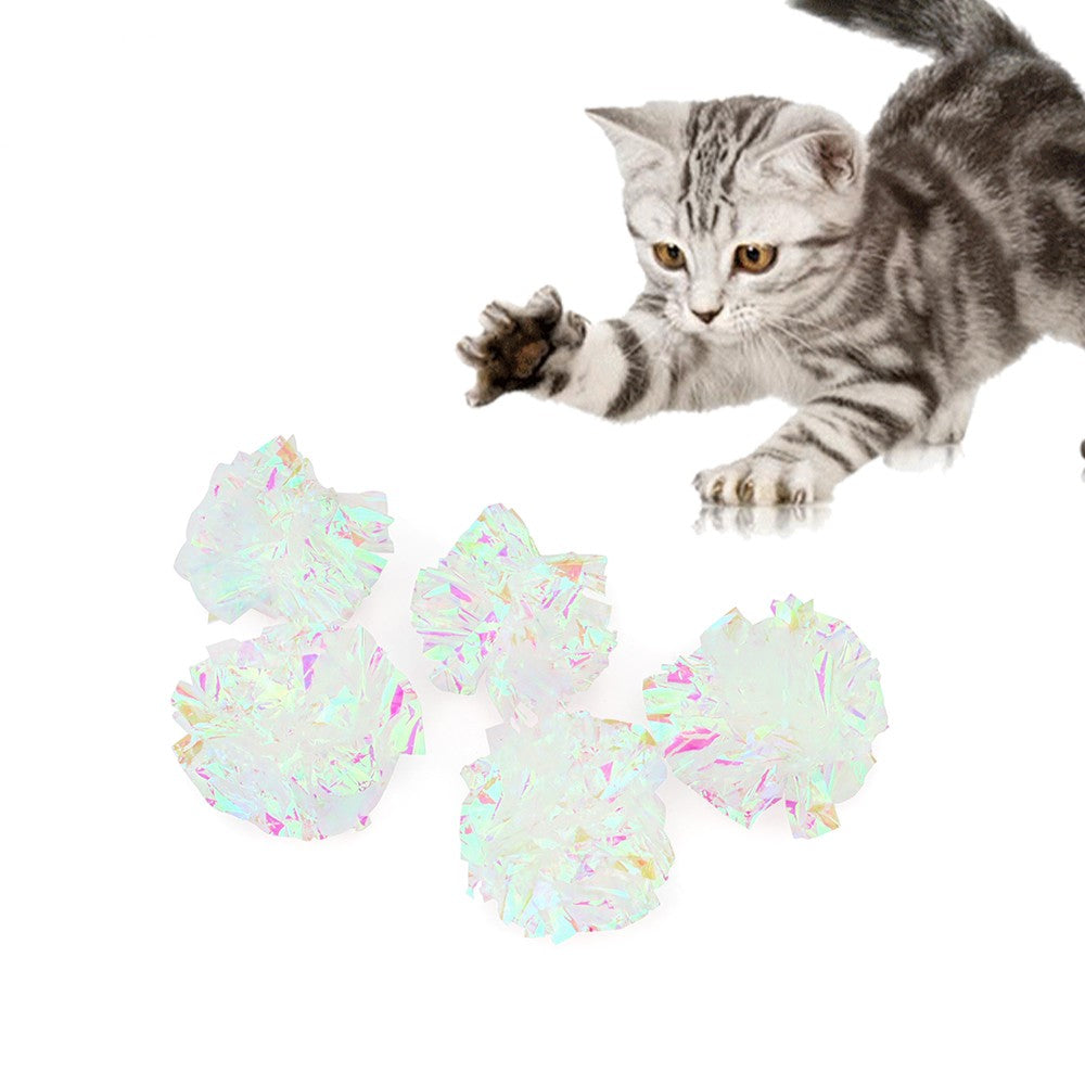 Crinkle balls for cats: five iridescent mylar balls with a playful kitten