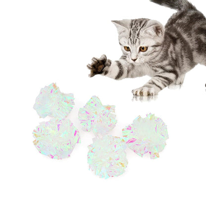 Crinkle balls for cats: five iridescent mylar balls with a playful kitten