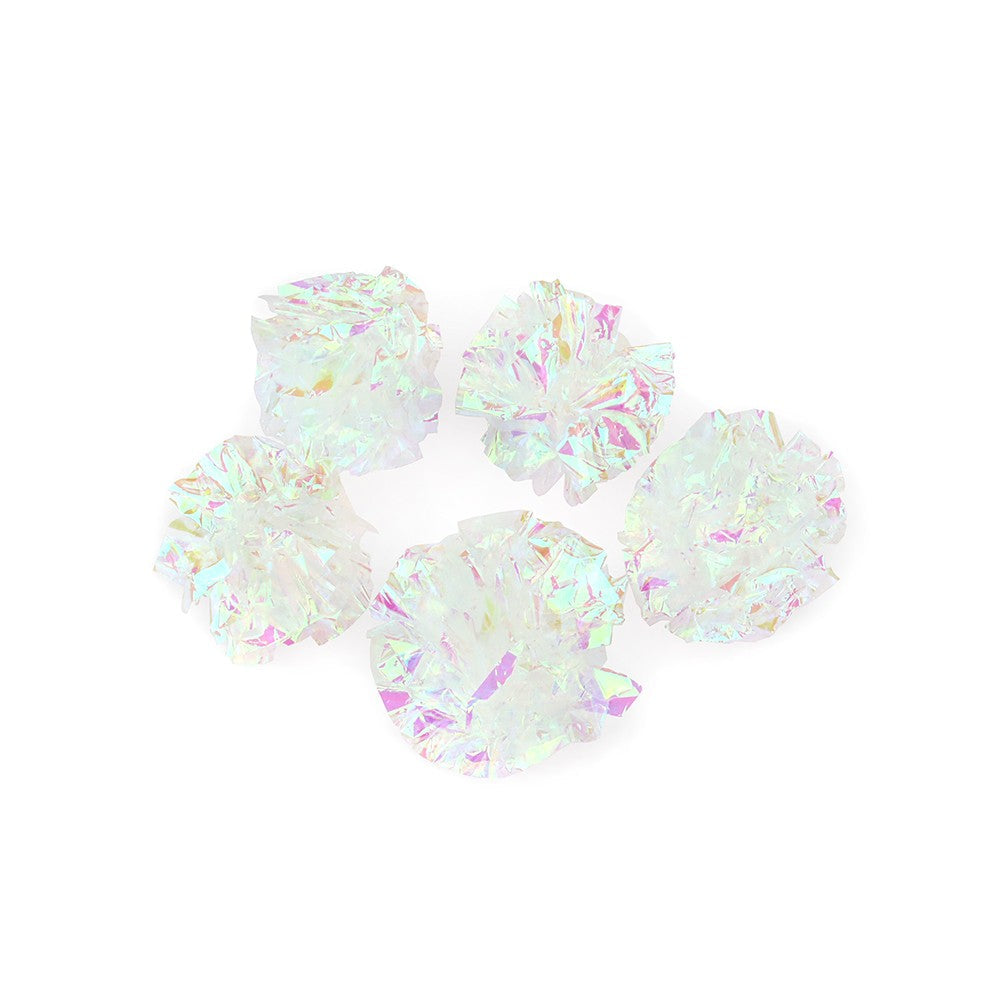 Five mylar crinkle balls on a white background