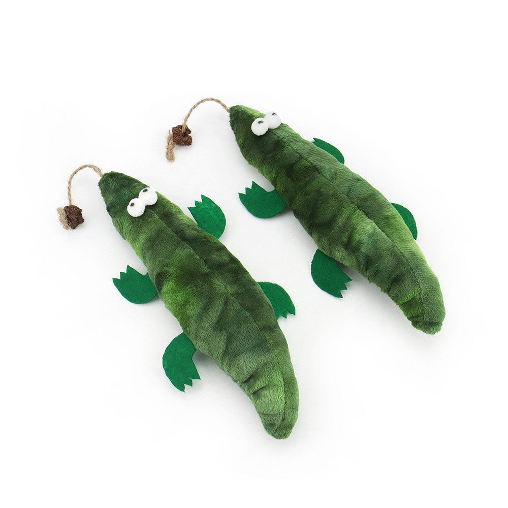 Two green crocodile cat toys side by side