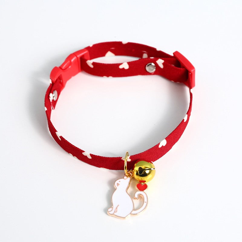 Red star print cat collar with bell and white cat charm