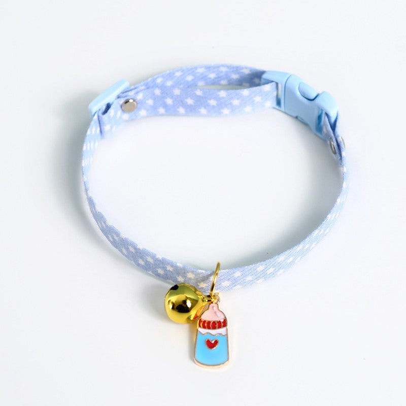 Blue star print cat collar with bell and milk bottle charm
