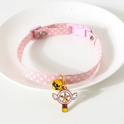Pink star print cat collar with bell and magic wand charm