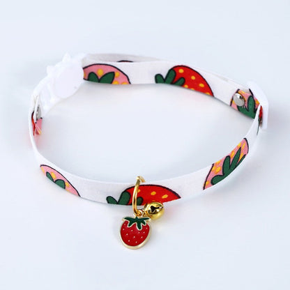 White fruit print cat collar with strawberry charm