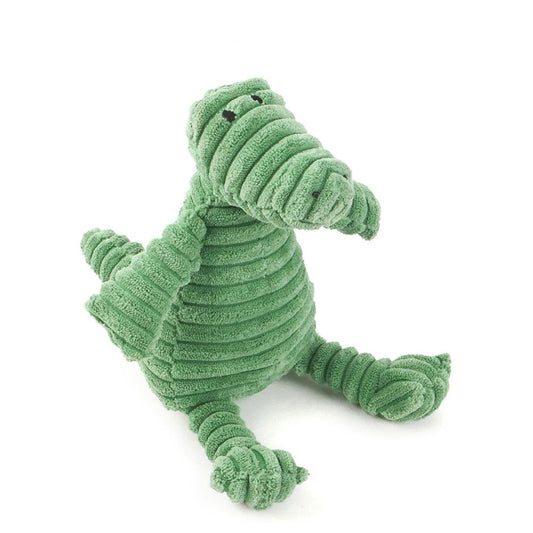 Green corduroy dinosaur dog toy sitting, front view