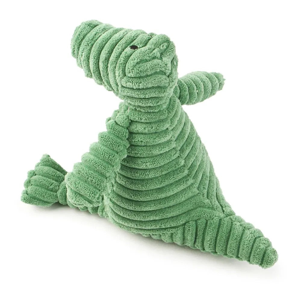 Dinosaur dog toy side view showing tail and ribbed fabric