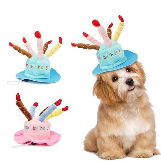 Dog birthday hat with cake and candles in blue and pink, worn by a small dog