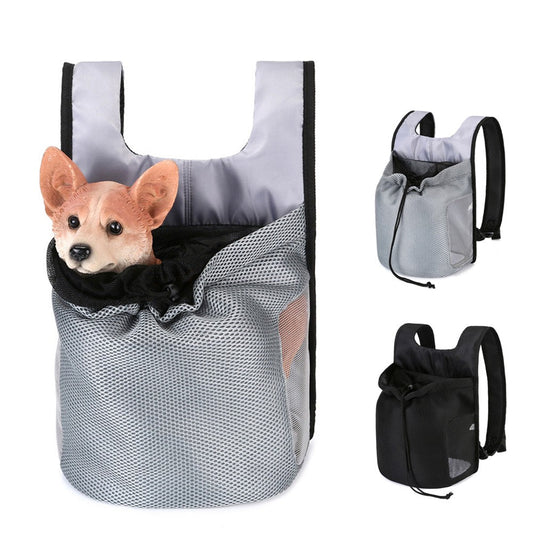Dog carrier backpack in gray mesh with a corgi puppy inside
