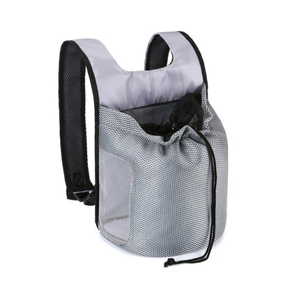 Gray carrier backpack with the drawstring top open