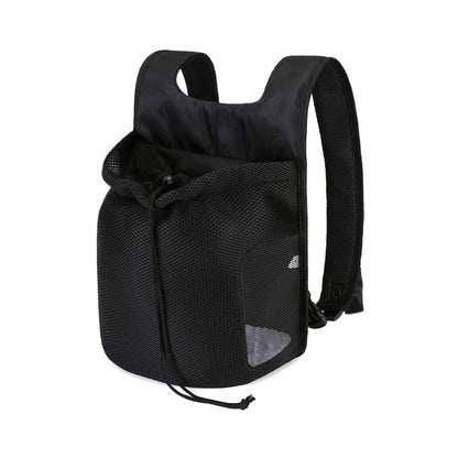 Black carrier backpack with the drawstring pulled closed