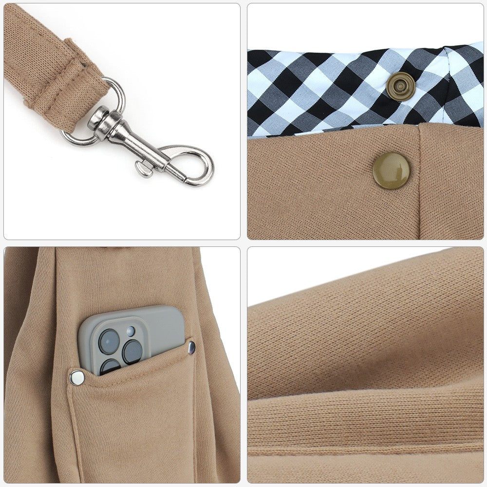 Dog carrier bag details: safety leash clip, button closure, phone pocket and soft cotton-feel fabric