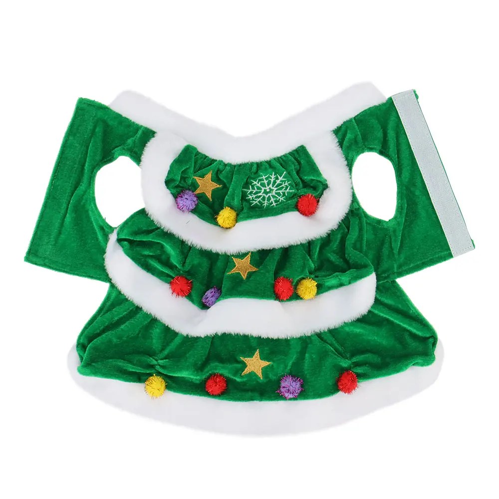 Dog fleece vest laid flat, showing white trim, gold stars and pompoms