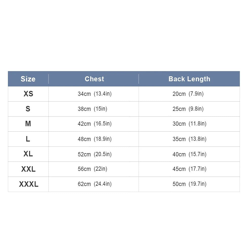 Dog fleece vest size chart with chest and back length in cm and inches