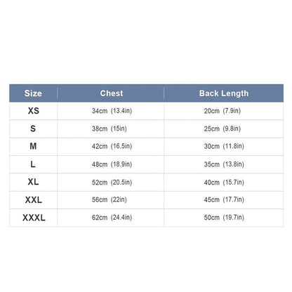 Dog fleece vest size chart with chest and back length in cm and inches