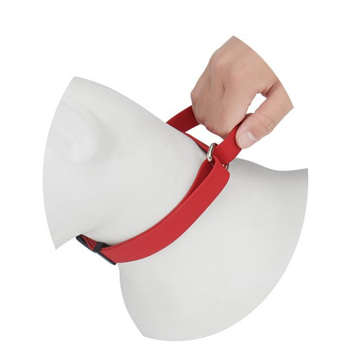 Hand lifting a red dog collar with handle on a mannequin