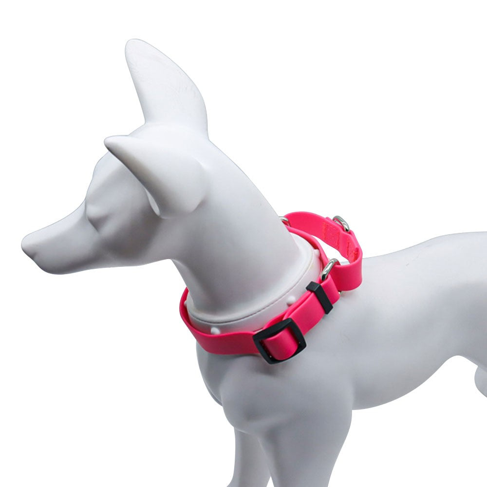 Pink dog collar with handle on a dog mannequin