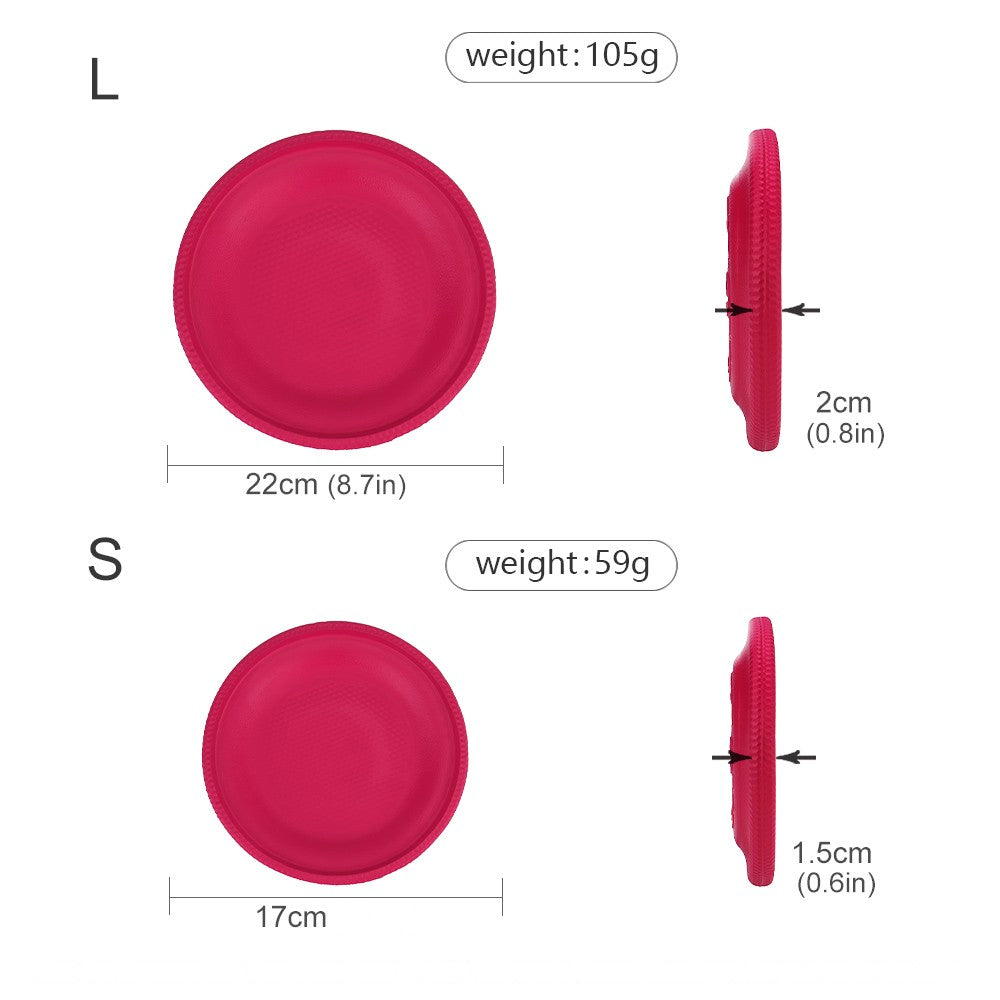 Dog frisbee sizes: large 22 cm (8.7 in), 105 g; small 17 cm (6.7 in), 59 g