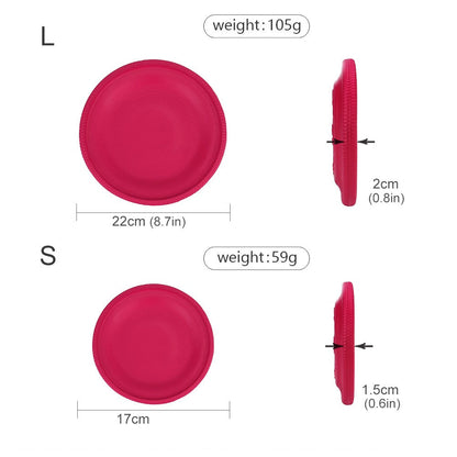 Dog frisbee sizes: large 22 cm (8.7 in), 105 g; small 17 cm (6.7 in), 59 g