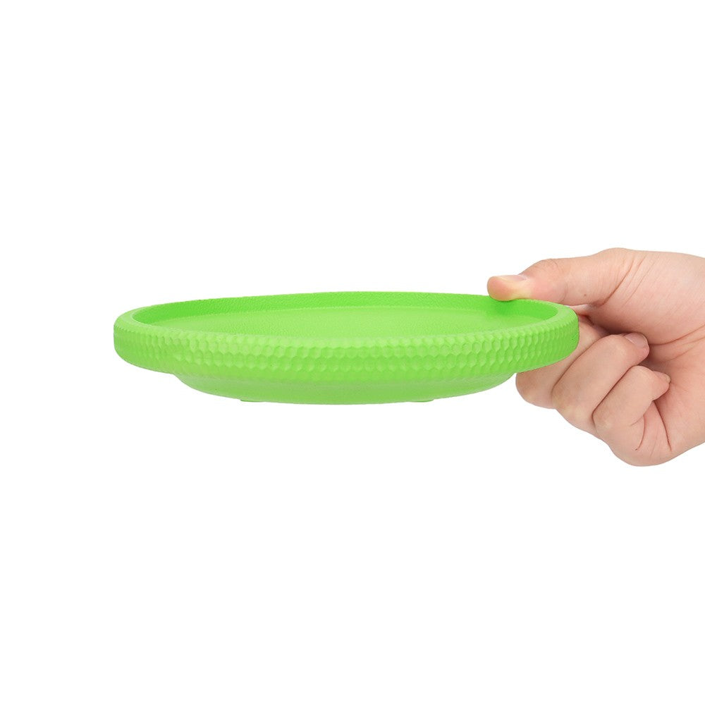 Hand holding the green dog flying disc ready to throw