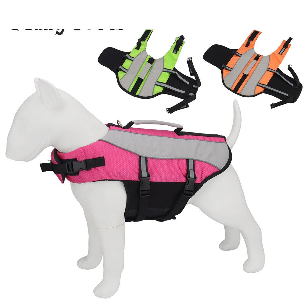 Pink dog life jacket with handle on a dog mannequin, plus green and orange