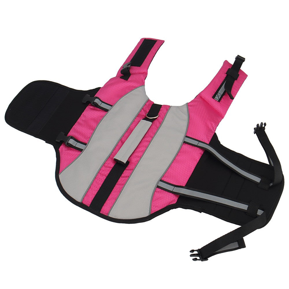 Pink dog life jacket with a gray reflective centre panel