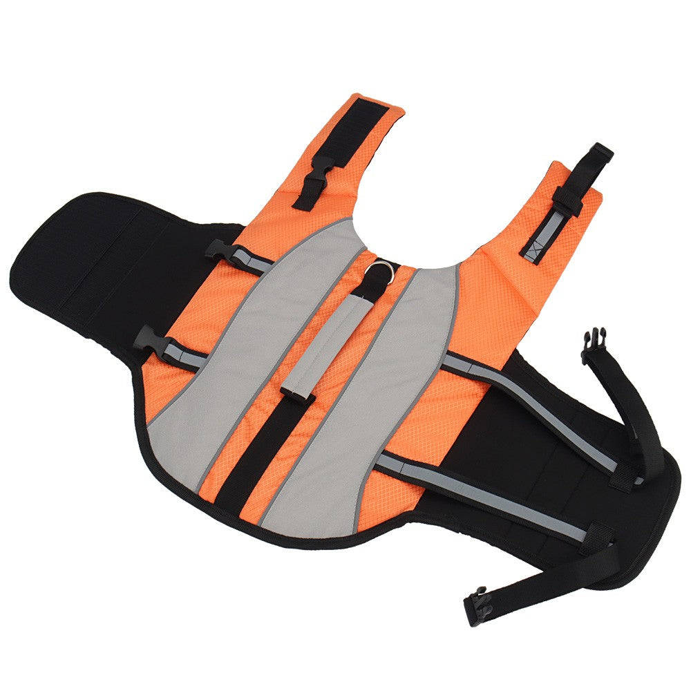Orange dog life jacket with a gray reflective centre panel