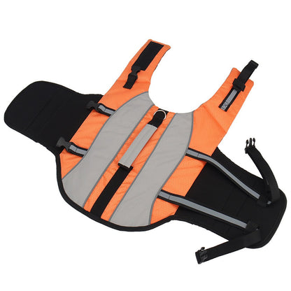 Orange dog life jacket with a gray reflective centre panel