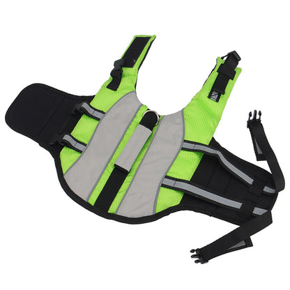 Green dog life jacket with a gray reflective centre panel