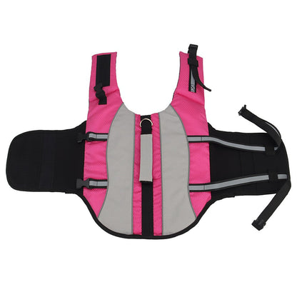 Pink dog life jacket with handle laid flat, showing the neck float