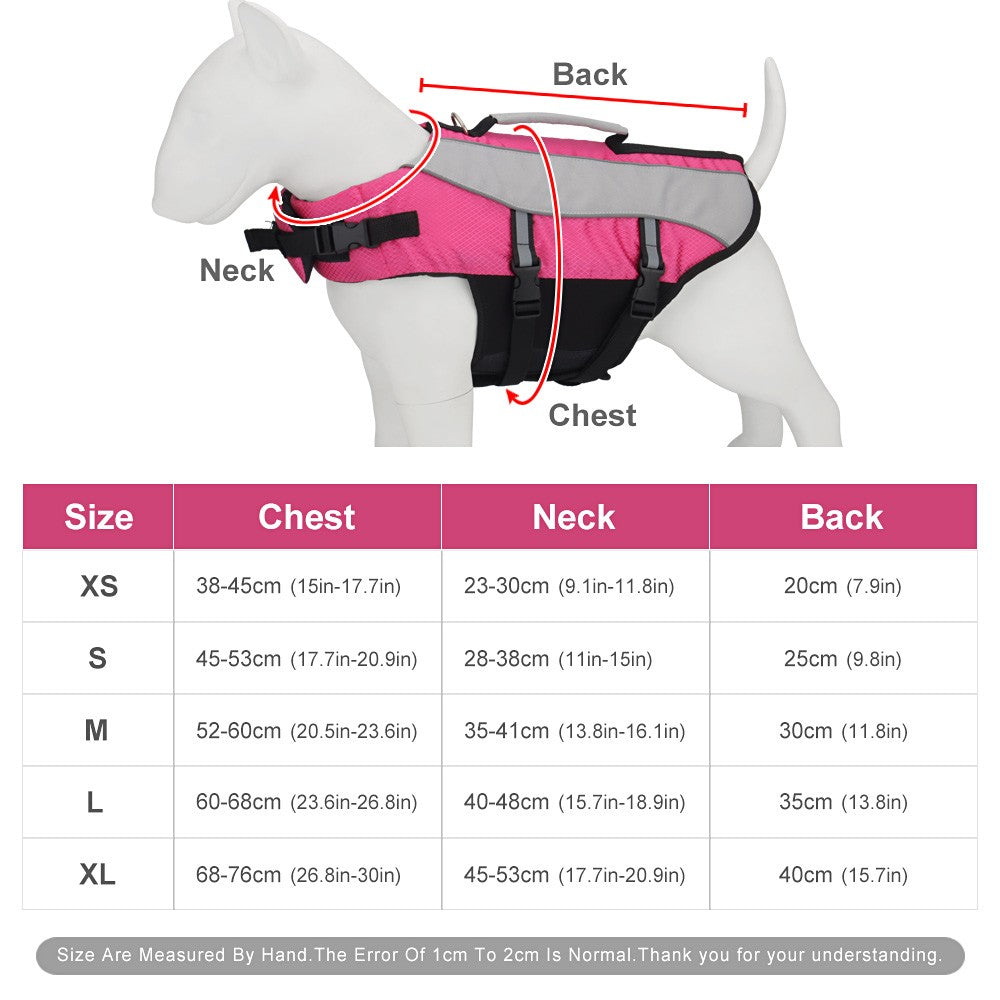Dog life jacket with handle size chart with chest, neck and back length